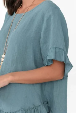 Linen Tops<Cali and Co Genevieve Blue Linen Frill Top