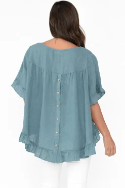 Linen Tops<Cali and Co Genevieve Blue Linen Frill Top