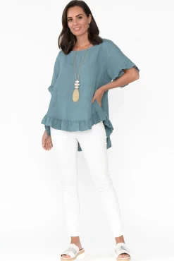 Linen Tops<Cali and Co Genevieve Blue Linen Frill Top