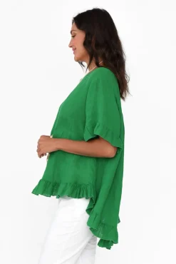 Sleeved Tops<Cali and Co Genevieve Green Linen Frill Top