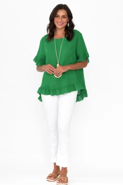 Sleeved Tops<Cali and Co Genevieve Green Linen Frill Top