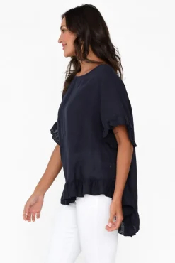 Linen Tops<Cali and Co Genevieve Navy Linen Frill Top