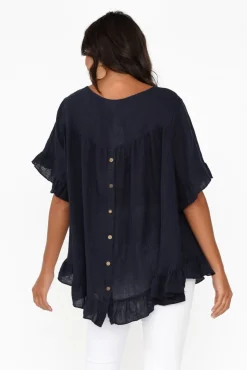 Linen Tops<Cali and Co Genevieve Navy Linen Frill Top