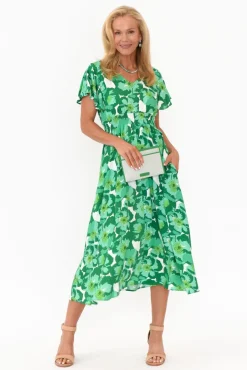 Midi Dresses<Slate the Label Georgette Green Floral Swing Dress