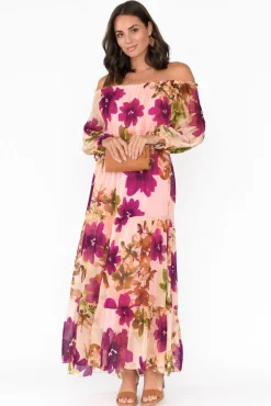 Maxi Dresses<Italian Closet Giardino Pink Floral Silk Dress