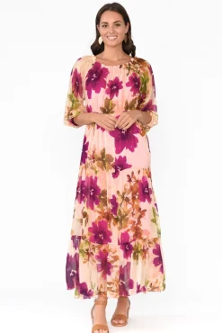 Maxi Dresses<Italian Closet Giardino Pink Floral Silk Dress