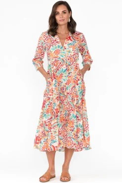 Cotton Dresses<Orientique Giza Orange Abstract Organic Cotton Collared Dress