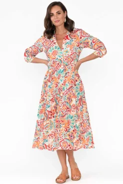 Cotton Dresses<Orientique Giza Orange Abstract Organic Cotton Collared Dress