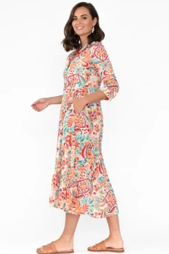 Cotton Dresses<Orientique Giza Orange Abstract Organic Cotton Collared Dress