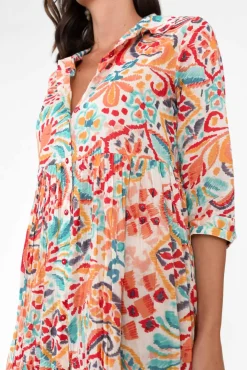 Cotton Dresses<Orientique Giza Orange Abstract Organic Cotton Collared Dress