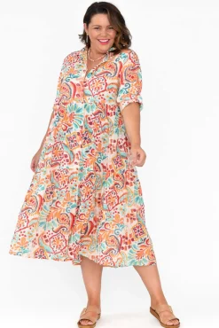 Cotton Dresses<Orientique Giza Orange Abstract Organic Cotton Collared Dress