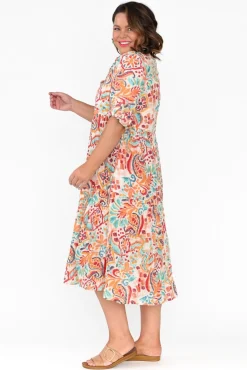 Cotton Dresses<Orientique Giza Orange Abstract Organic Cotton Collared Dress