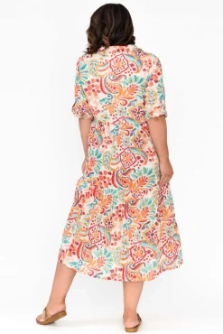 Cotton Dresses<Orientique Giza Orange Abstract Organic Cotton Collared Dress