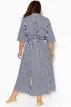 Cotton Dresses<Slate the Label Grace Navy Stripe Cotton Poplin Dress