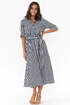 Cotton Dresses<Slate the Label Grace Navy Stripe Cotton Poplin Dress