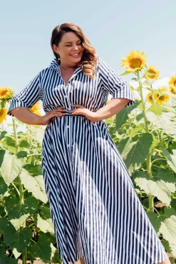 Cotton Dresses<Slate the Label Grace Navy Stripe Cotton Poplin Dress