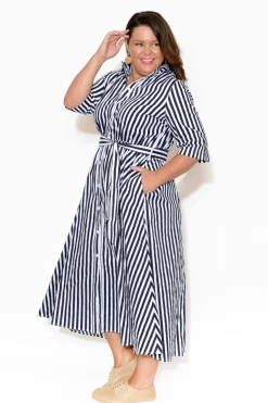 Cotton Dresses<Slate the Label Grace Navy Stripe Cotton Poplin Dress