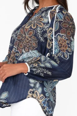 Cotton Tops<Once Was Gracia Navy Flower Cotton Silk Top