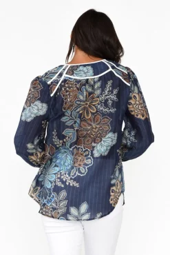 Cotton Tops<Once Was Gracia Navy Flower Cotton Silk Top