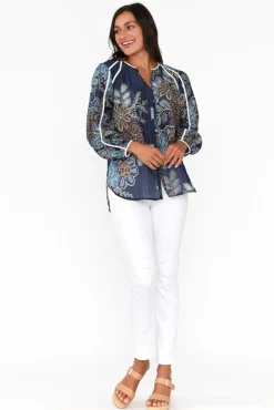 Cotton Tops<Once Was Gracia Navy Flower Cotton Silk Top