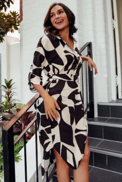 Below Knee Dresses<New U Collection Graham Black Abstract Shirt Dress