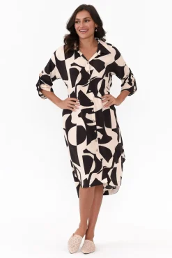 Below Knee Dresses<New U Collection Graham Black Abstract Shirt Dress