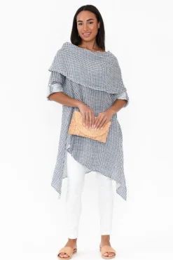 Linen Tops<Donna Donna Grande Navy Gingham Linen Tunic