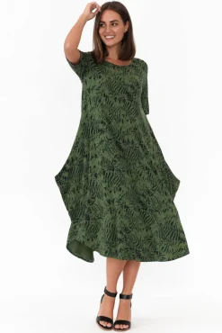Midi Dresses<Tani Green Tiger Micro Modal Tri Drape Dress
