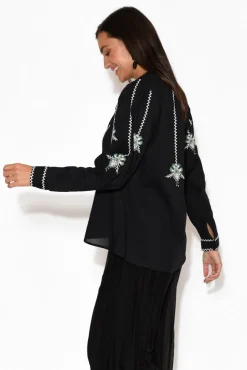 Cotton Tops<Once Was Grove Black Embroidered Bishop Sleeve Top