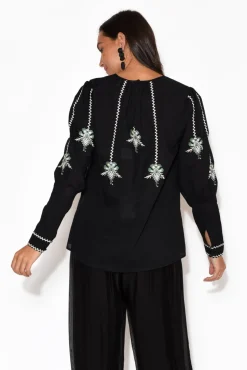 Cotton Tops<Once Was Grove Black Embroidered Bishop Sleeve Top