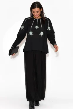 Cotton Tops<Once Was Grove Black Embroidered Bishop Sleeve Top