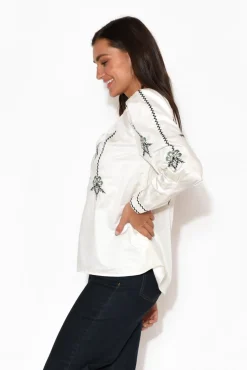 Cotton Tops<Once Was Grove White Embroidered Bishop Sleeve Top