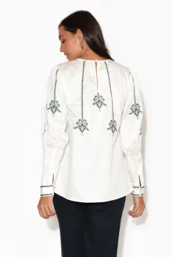 Cotton Tops<Once Was Grove White Embroidered Bishop Sleeve Top
