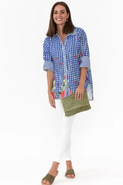 Linen Tops<La Strada Gwendoline Blue Gingham Garden Linen Shirt