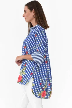 Linen Tops<La Strada Gwendoline Blue Gingham Garden Linen Shirt