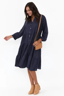 Linen Dresses<Worthier Hadley Navy Linen Tiered Dress