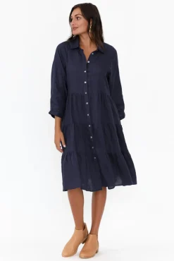 Linen Dresses<Worthier Hadley Navy Linen Tiered Dress