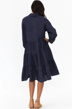 Linen Dresses<Worthier Hadley Navy Linen Tiered Dress