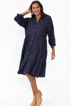 Linen Dresses<Worthier Hadley Navy Linen Tiered Dress
