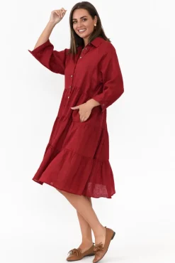 Linen Dresses<Worthier Hadley Red Linen Tiered Dress