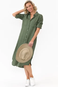 Linen Dresses<Worthier Halston Green Linen Relaxed Shirt Dress