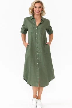 Linen Dresses<Worthier Halston Green Linen Relaxed Shirt Dress