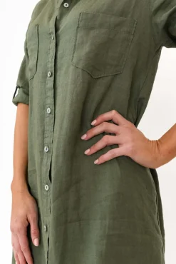 Linen Dresses<Worthier Halston Green Linen Relaxed Shirt Dress