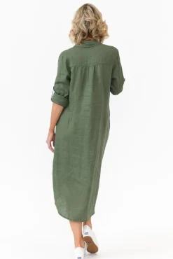 Linen Dresses<Worthier Halston Green Linen Relaxed Shirt Dress