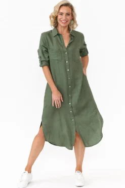Linen Dresses<Worthier Halston Green Linen Relaxed Shirt Dress