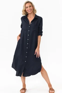 Linen Dresses<Worthier Halston Navy Linen Relaxed Shirt Dress