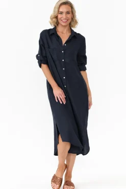 Linen Dresses<Worthier Halston Navy Linen Relaxed Shirt Dress