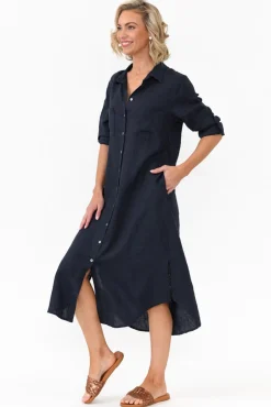 Linen Dresses<Worthier Halston Navy Linen Relaxed Shirt Dress