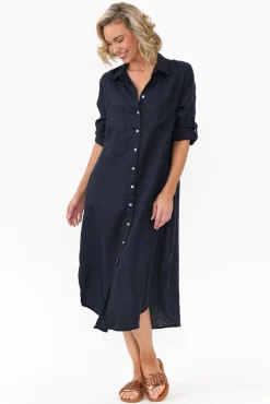 Linen Dresses<Worthier Halston Navy Linen Relaxed Shirt Dress
