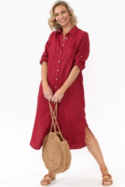 Linen Dresses<Worthier Halston Red Linen Relaxed Shirt Dress
